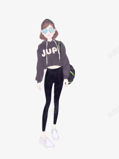 手绘街拍女孩png免抠素材_88icon https://88icon.com 卫衣 棒球帽 潮流 眼镜 短发