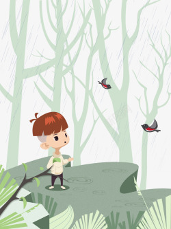 树林里的孩子卡通手绘树林里的孩子高清图片