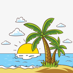 彩绘棕榈树大海风景矢量图素材