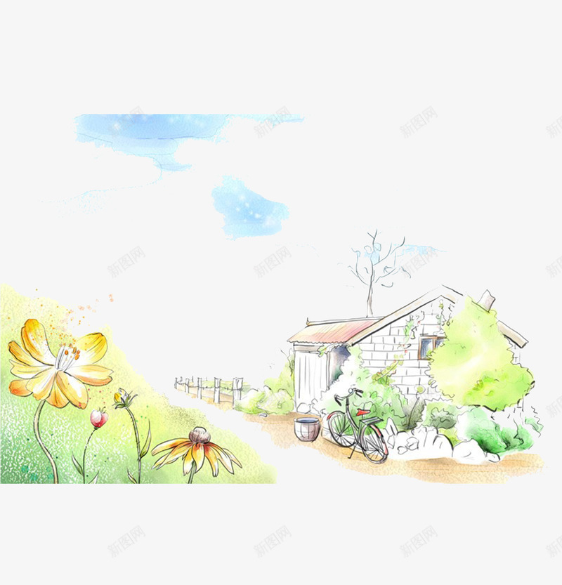 风景插画png免抠素材_88icon https://88icon.com 房子 树木 自行车 花草 蓝天 风景插画