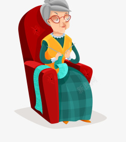 卡通老妇人沙发上织毛衣矢量图素材