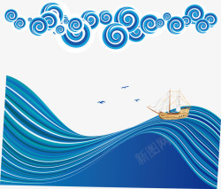 装饰蓝色海洋和帆船矢量图素材
