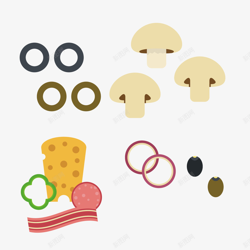 卡通各种食材png免抠素材_88icon https://88icon.com 卡通食材 彩色 烟肉 芝士 蘑菇 食物