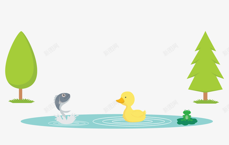 池塘中的小鸭子png免抠素材_88icon https://88icon.com 春季装饰 池塘 绿色树木 绿色植物 背景装饰 黄色小鸭子