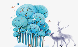 春季梦幻树木与小鹿装饰素材