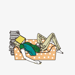 卡通躺在沙发上看书睡觉的女孩素材