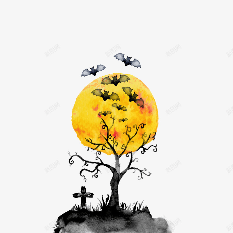 水彩万圣节月夜矢量图ai免抠素材_88icon https://88icon.com 万圣节 月夜 树木矢量素材 水彩 节日背景装饰 矢量图