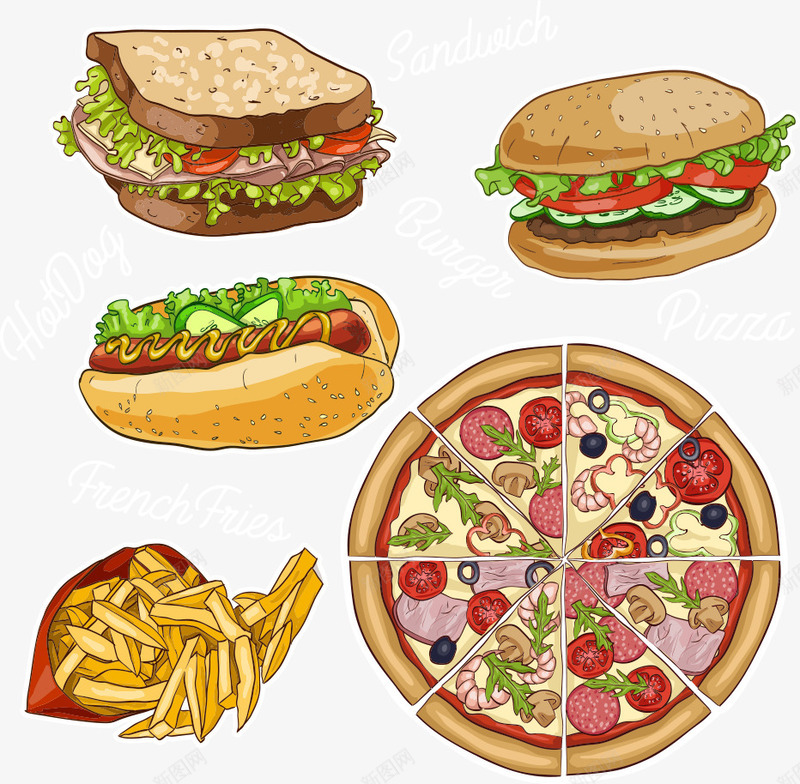 各种快餐矢量图ai免抠素材_88icon https://88icon.com pizza 创意pizza 卡通快餐 快餐 披萨 汉堡 矢量图 美食 薯条 食物 餐饮