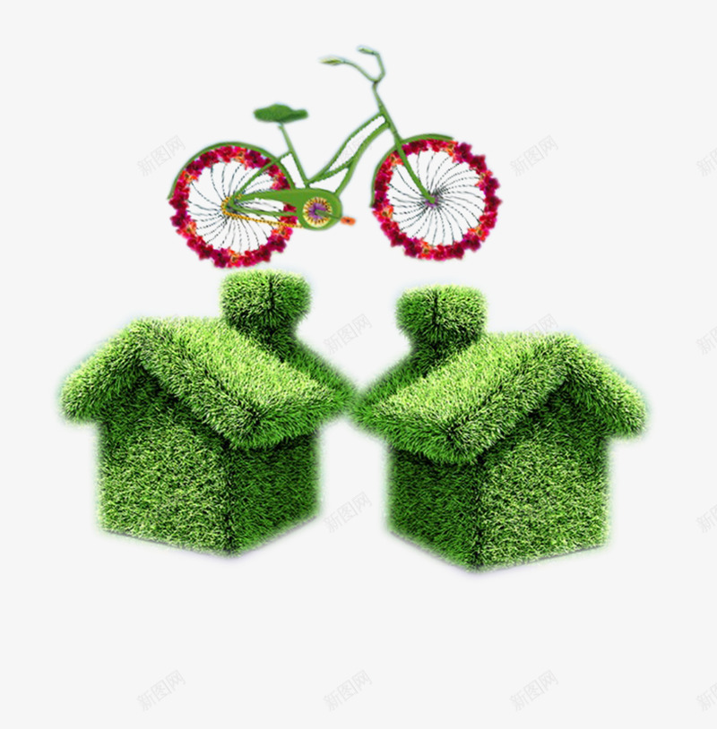 绿色草房子与自行车png免抠素材_88icon https://88icon.com 简易草房 绿色出行 绿色房子 绿色生活 自行车 草房子