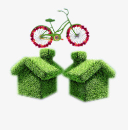 绿色草房子与自行车素材