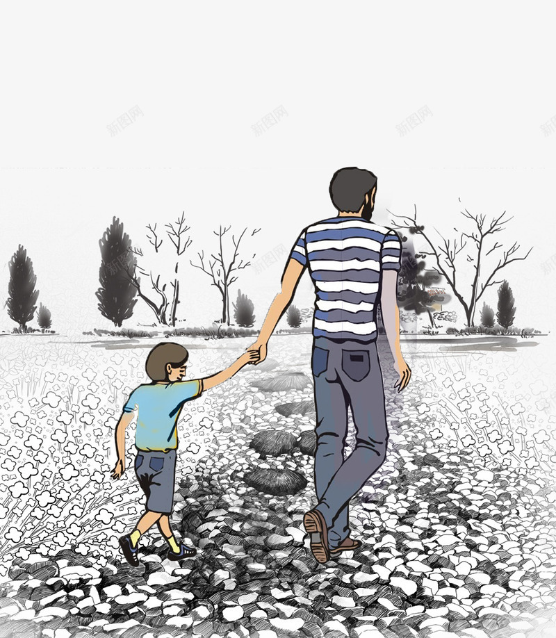 卡通手绘牵着爸爸手的孩子png免抠素材_88icon https://88icon.com 卡通 复古画 手绘 树木 牵着爸爸手的孩子 行走的父子