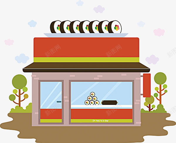 卡通寿司店png免抠素材_88icon https://88icon.com 卡通餐馆 可爱画风 广告 树木 装饰 食品餐饮