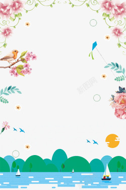 春季手绘花朵与山水装饰边框素材