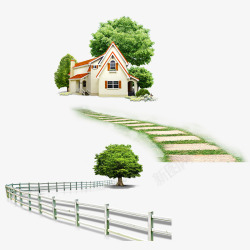 乡间小道绿色树木欧式房屋素材
