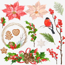 红色鸟灯笼树叶圣诞节各种装饰用品高清图片