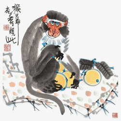 中国风水墨猿猴和枇杷插画素材