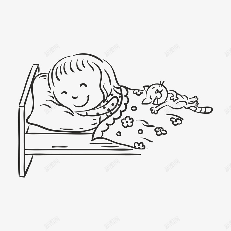 卡通小女孩睡觉png免抠素材_88icon https://88icon.com 儿童手绘 儿童画 动漫 动画 小女孩睡觉 小猫咪 粗线条 绘画