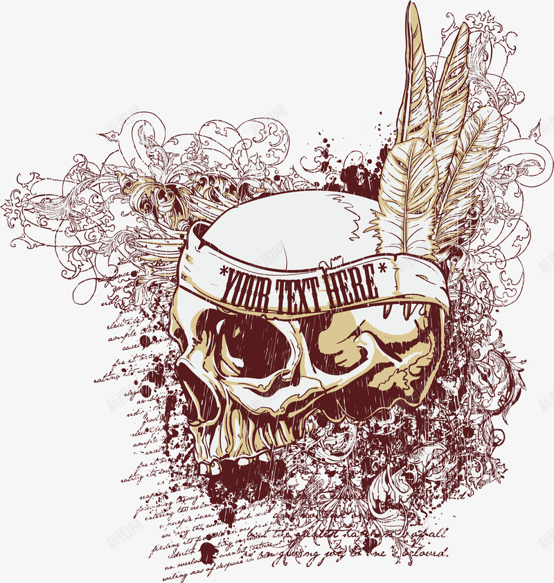 骷髅羽毛印花图案psd免抠素材_88icon https://88icon.com 印花 印花图案 服装印花 羽毛印花 骷髅