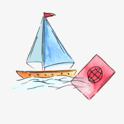 水彩绘蓝色小帆船矢量图素材