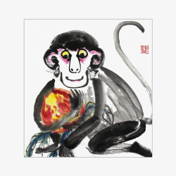 中国风水墨画猴子抱桃插画素材