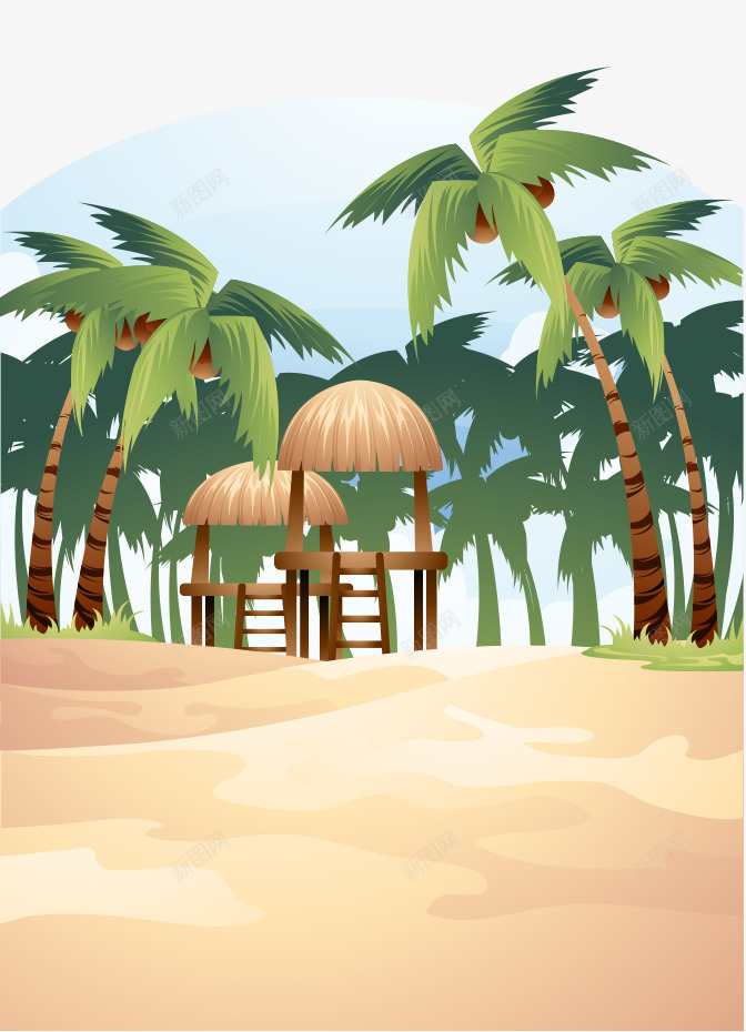 卡通手绘沙滩椰树木房矢量图ai免抠素材_88icon https://88icon.com 休息的木房 卡通的沙滩 手绘的风景 翠绿的椰树 矢量图
