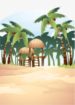 卡通手绘沙滩椰树木房矢量图素材