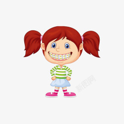 卡通戴牙套的小女孩叉腰微笑插画素材