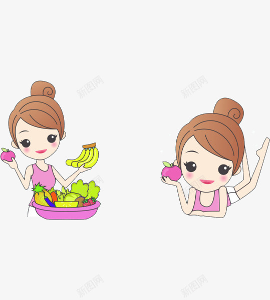 节食女孩png免抠素材_88icon https://88icon.com 丸子头 卡通 可爱 女孩 手绘 桃子 水果 背心 香蕉