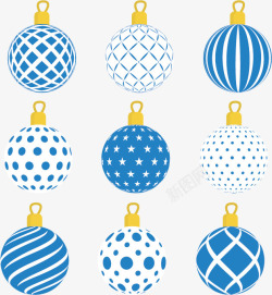 手绘9个蓝色圣诞装饰彩球素材