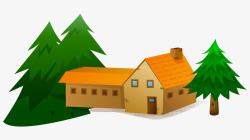 卡通手绘橙色农村房屋树木素材