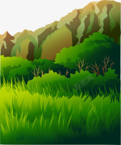 卡通手绘翠绿草原树木高山矢量图素材