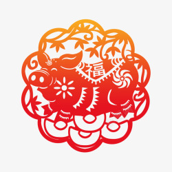 花纹福字过年手绘中国风红色年画元宝福猪素材