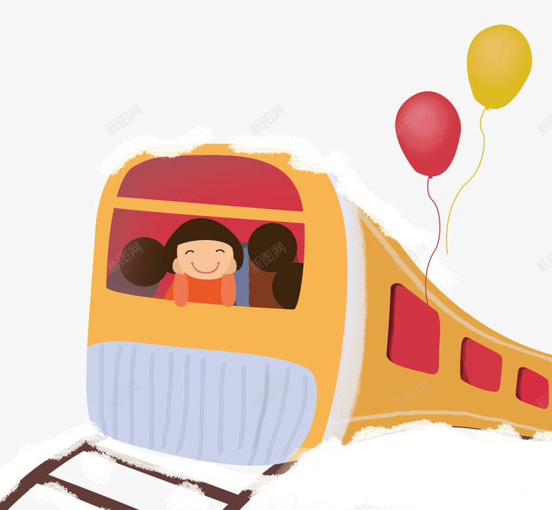 卡通手绘火车回家过年png免抠素材_88icon https://88icon.com 卡通 回家过年 手绘 气球装饰 火车 火车上的女孩 黄色的火车