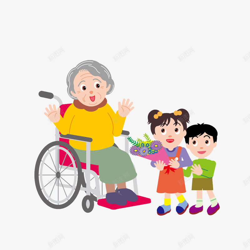 捧着花送奶奶的小女孩png免抠素材_88icon https://88icon.com 卡通手绘 坐着的小朋友 坐着轮椅的奶奶 捧着花的女孩 送花的小孩
