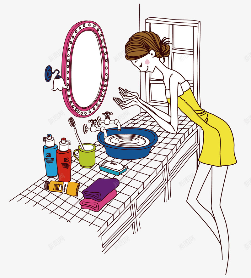 手绘女孩洗脸png免抠素材_88icon https://88icon.com 女孩 洗漱 洗漱台 洗脸 洗脸女孩矢量