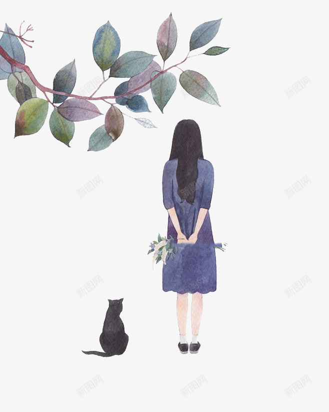 手绘女孩png免抠素材_88icon https://88icon.com 小猫咪 树叶 植物