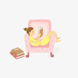 躺着看书卡通躺在沙发上看书的小女孩高清图片