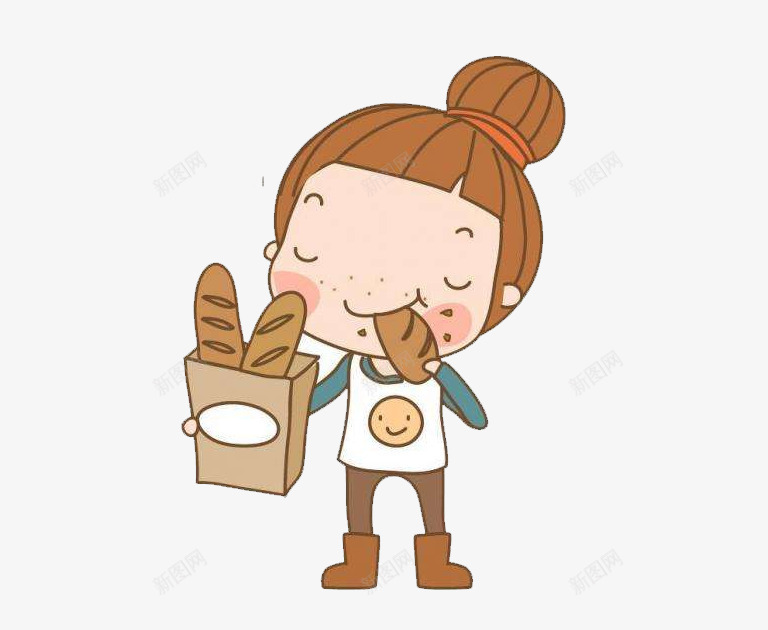 吃面包的女孩png免抠素材_88icon https://88icon.com 丸子头 卡通PNG 吃面包 开心 面包
