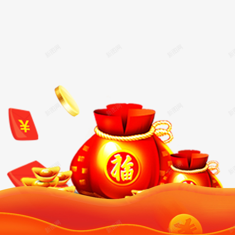 红色福袋psd免抠素材_88icon https://88icon.com 元宝 光泽 字体 渐变 福字 红包 红色 质感 金色