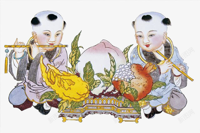 传统人物国画png免抠素材_88icon https://88icon.com 卡通 吉祥寓意 寿桃 小孩 年画装饰 彩绘 手绘 瓜果