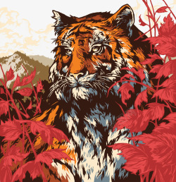 彩绘老虎红色叶子大山图案素材