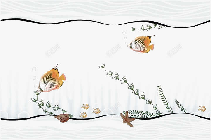 一对小鱼在海里自由自在生活png免抠素材_88icon https://88icon.com 海浪 海藻 白色 黄色