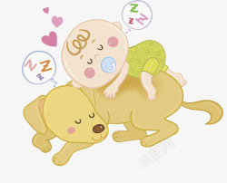 小孩熟睡婴儿睡在狗的身上高清图片