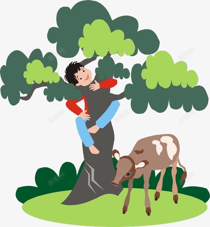 放牛的小孩png免抠素材_88icon https://88icon.com 大树 小孩 手绘 爬树 牛