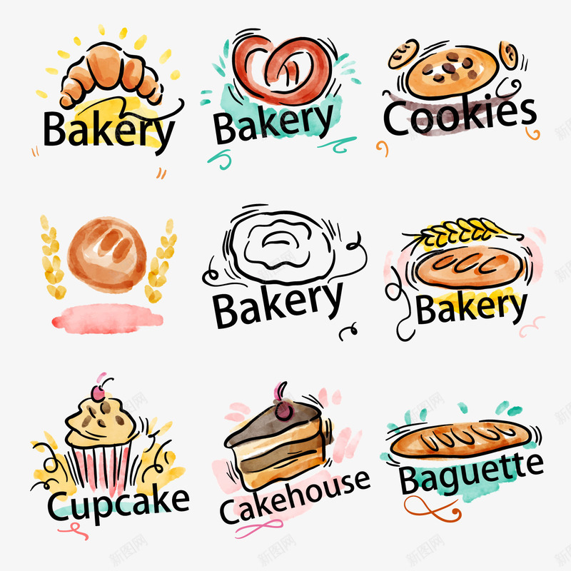 彩绘面包店标志png免抠素材_88icon https://88icon.com 手绘面包 甜点 糕点 蛋糕 面包标志 食物