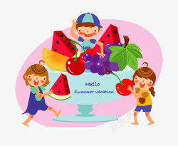 卡通小孩吃水果素材