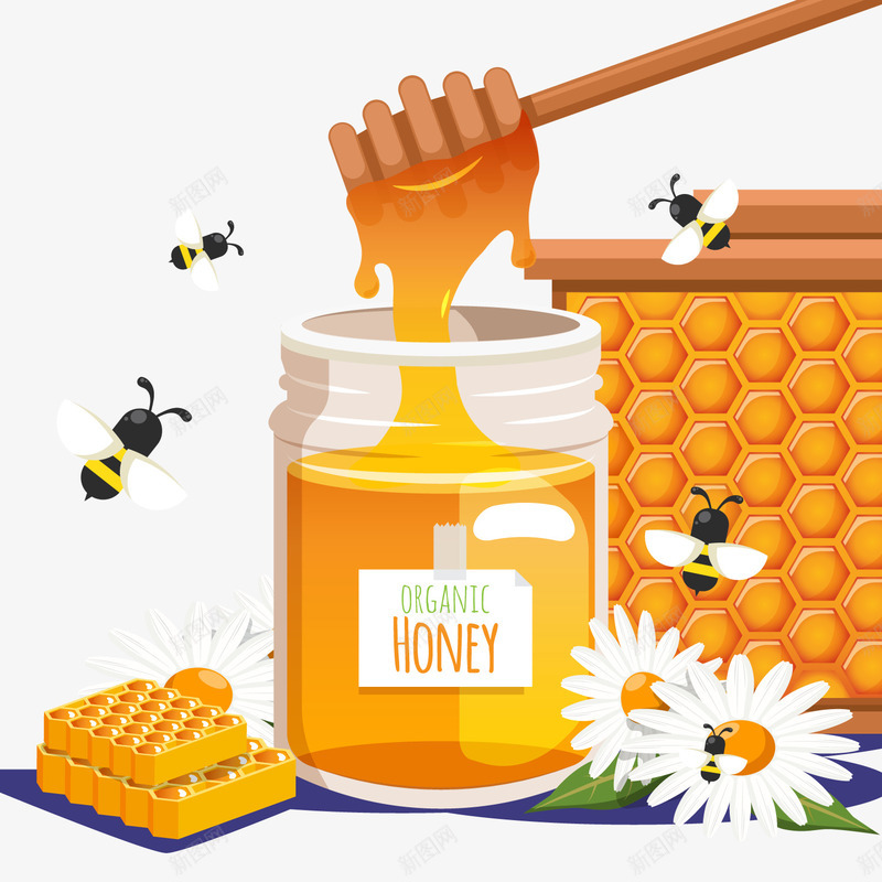 美味瓶装蜂蜜和蜜蜂矢量图ai免抠素材_88icon https://88icon.com 蜂蜜 蜜蜂 食物 矢量图