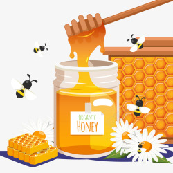 美味瓶装蜂蜜和蜜蜂矢量图素材