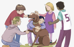 爱护动物卡通插图与狗玩闹的小孩子们高清图片