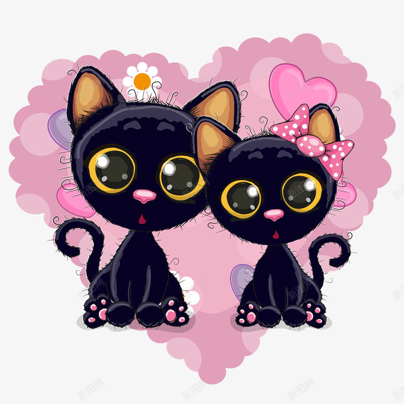 卡通小猫png免抠素材_88icon https://88icon.com 动物 卡通 可爱 大眼睛 小猫 手绘 爱情 猫 相爱 粉色 黑色
